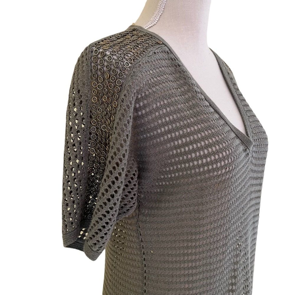 Chico's Olive Green Open Knit V-Neck Top with Metal Shoulder Detail - Picture 2 of 7